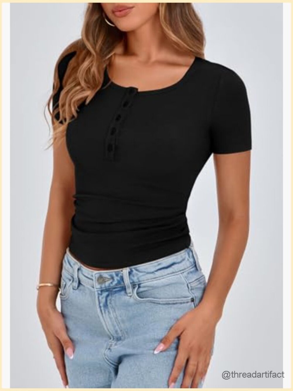 Women's Ribbed Henley T-Shirt - Short Sleeve Slim Fit Button Front Blouse - Picture 6 of 7